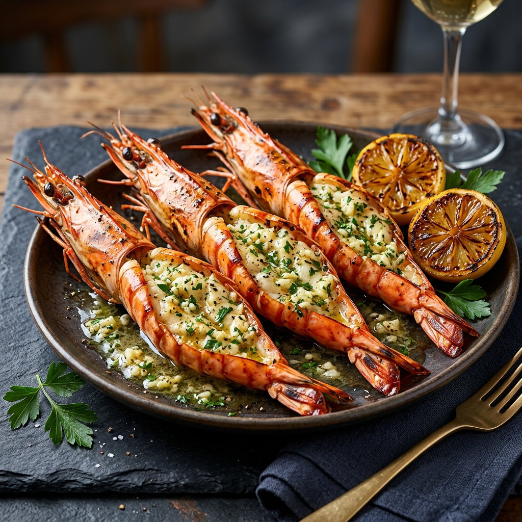 Garlic Butter Tiger Prawns (Served with Charred Lemon)