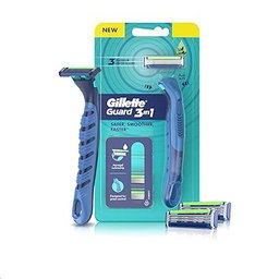 Gillette Guard 3 in1 Shaving Razor Blade for men - 2 Cartridges + 1 Razor | Smooth Shave | Aqua gel Lubrastrip | 3 Platinum Coated Blades | Rubber Handle Grip | Flexi Head | good for Sensitive Skin