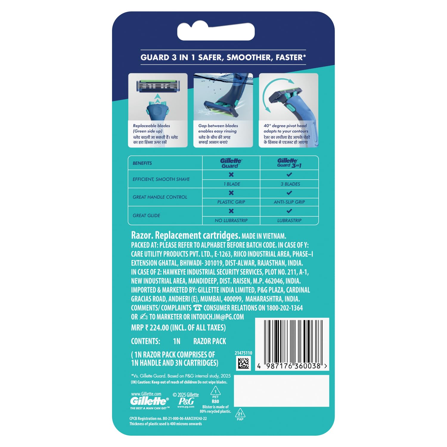 Gillette Guard 3 in1 Shaving Razor Blade for men - 2 Cartridges + 1 Razor | Smooth Shave | Aqua gel Lubrastrip | 3 Platinum Coated Blades | Rubber Handle Grip | Flexi Head | good for Sensitive Skin_1