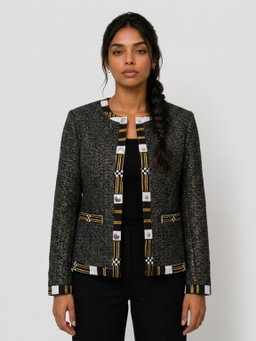 Veste C noire avec des point dorés et bordure en wax