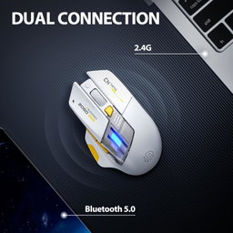 Mouse Gaming INPHIC A9 Explorer, Mouse sem fio Bluetooth 5.0/2.4G de modo duplo, recarregável, 2400 DPI, iluminação RGB pulsante, indicador de bateria visível, mouse sem fio para laptop/PC/computador, branco