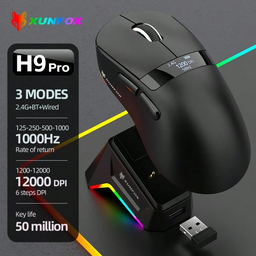 Mouse Gaming H9Pro, com Três Modos  (2.4G + BT + Com Fio), 12000 DPI, Carregamento, RGB e Display.