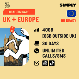 SIMPLY  UK/Europe | 30 Days | 3UK | 10GB/100GB/200GB/Unlimited 5G/4G | Local UK SIM Card