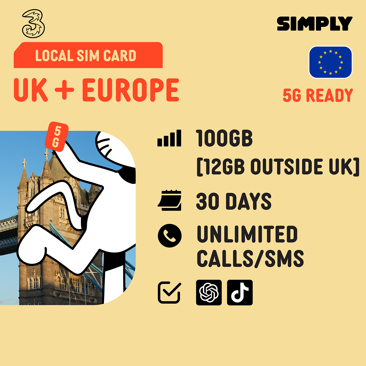 SIMPLY  UK/Europe | 30 Days | 3UK | 10GB/100GB/200GB/Unlimited 5G/4G | Local UK SIM Card_3
