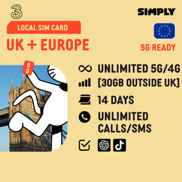 SIMPLY  UK/Europe | 30 Days | 3UK | 10GB/100GB/200GB/Unlimited 5G/4G | Local UK SIM Card