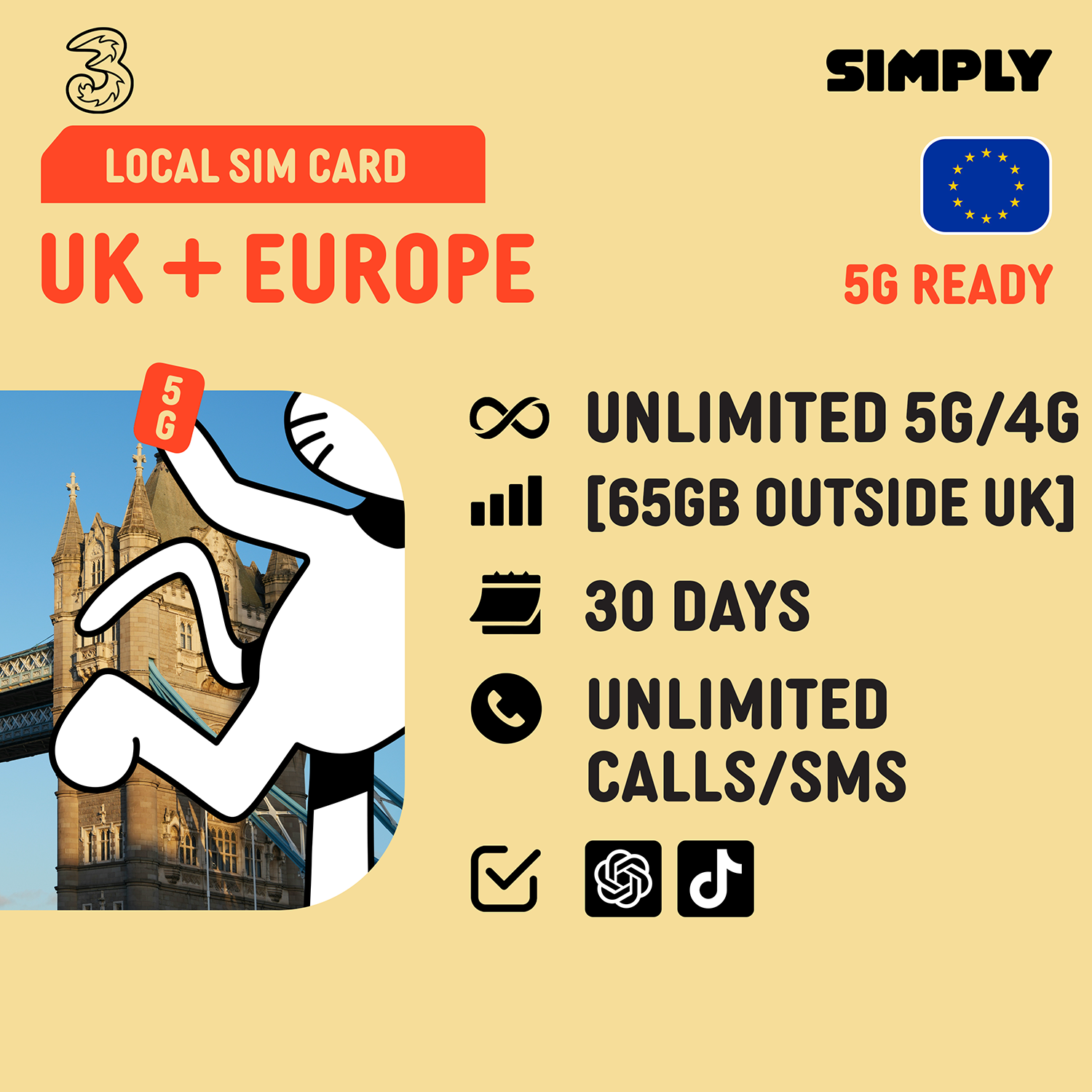 SIMPLY  UK/Europe | 30 Days | 3UK | 10GB/100GB/200GB/Unlimited 5G/4G | Local UK SIM Card_7