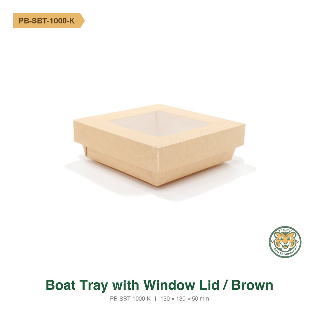 Paper Boat Tray with Window Lid / 130×130×50mm / Brown (RM0.388/pc)