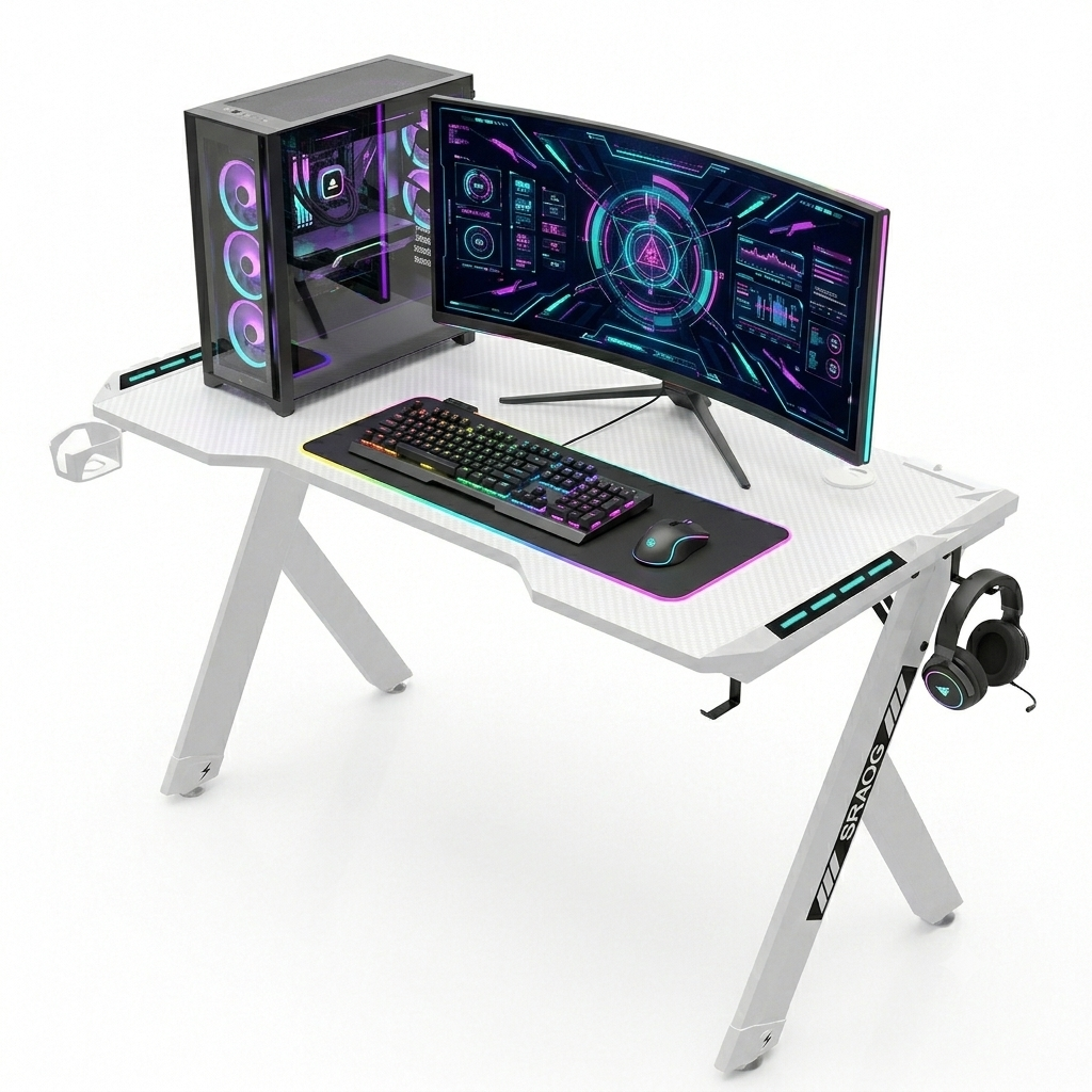 Mesa Gamer  RGB, Com Suporte Para Headset e Copo, Branco (140*60*72)_1