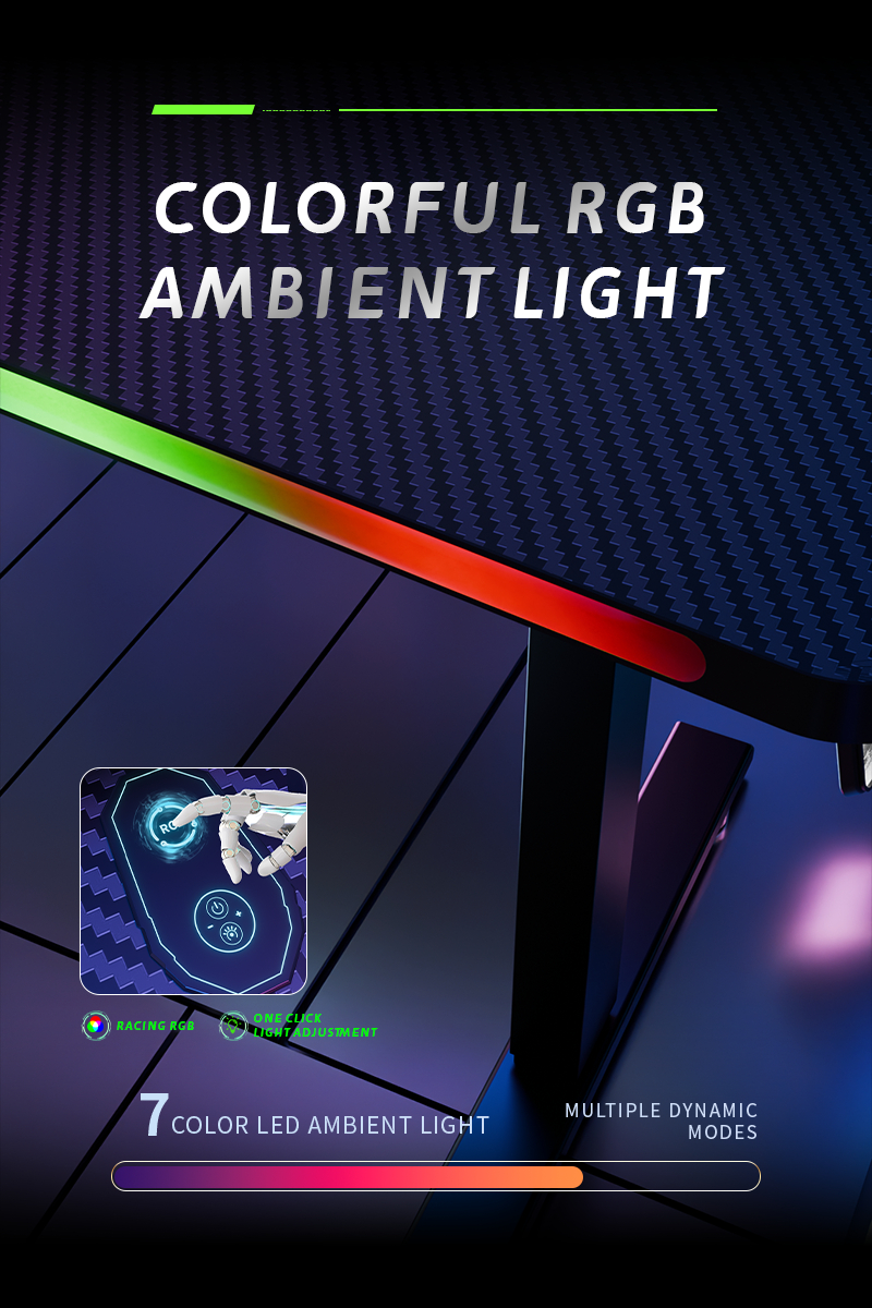 Mesa Gamer Elétrica de 140cm com Altura Ajustável, RGB, Fibra de Carbono Preta