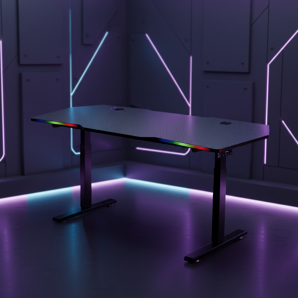 Mesa Gamer Elétrica de 140cm com Altura Ajustável, RGB, Fibra de Carbono Preta_2
