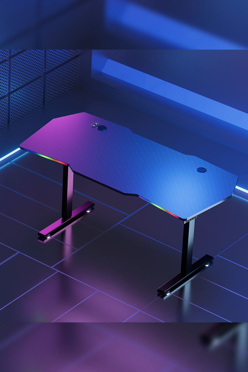 Mesa Gamer Elétrica de 140cm com Altura Ajustável, RGB, Fibra de Carbono Preta