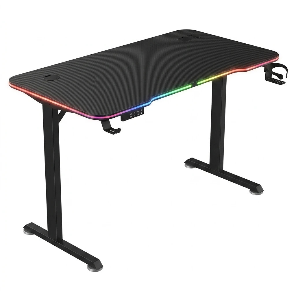 Mesa Gamer RGB Elétrica Modelo 2026 com Luzes LED, Estação de Trabalho Ergonômica para Jogadores com Suporte para Copos para Casa e Escritório_3