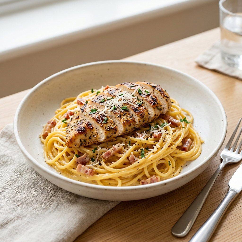 SPAGHETTI CREAMY CARBONARA CHICKEN GRILL