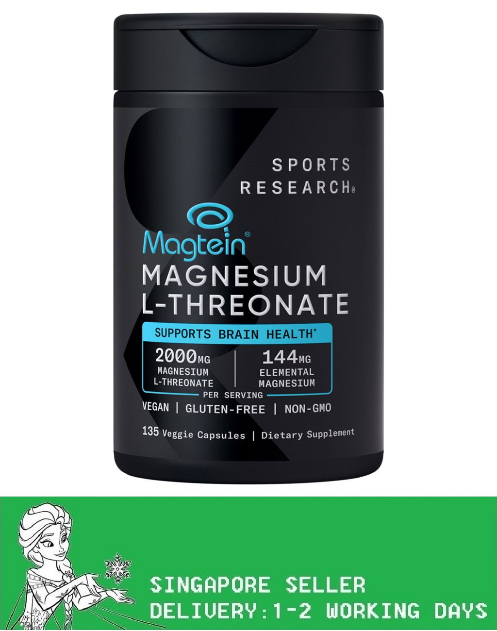 Sports Research Magtein Magnesium L-Threonate, 2000 mg, 135 Veggie Capsules(Exp:10/2028)
