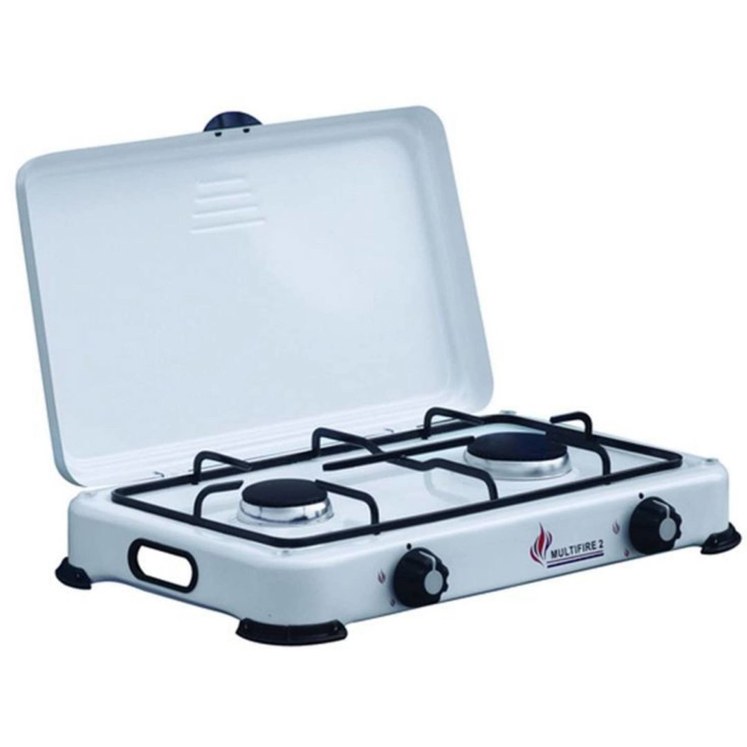 Réchaud à gaz portable 2 feux avec couvercle – Blanc