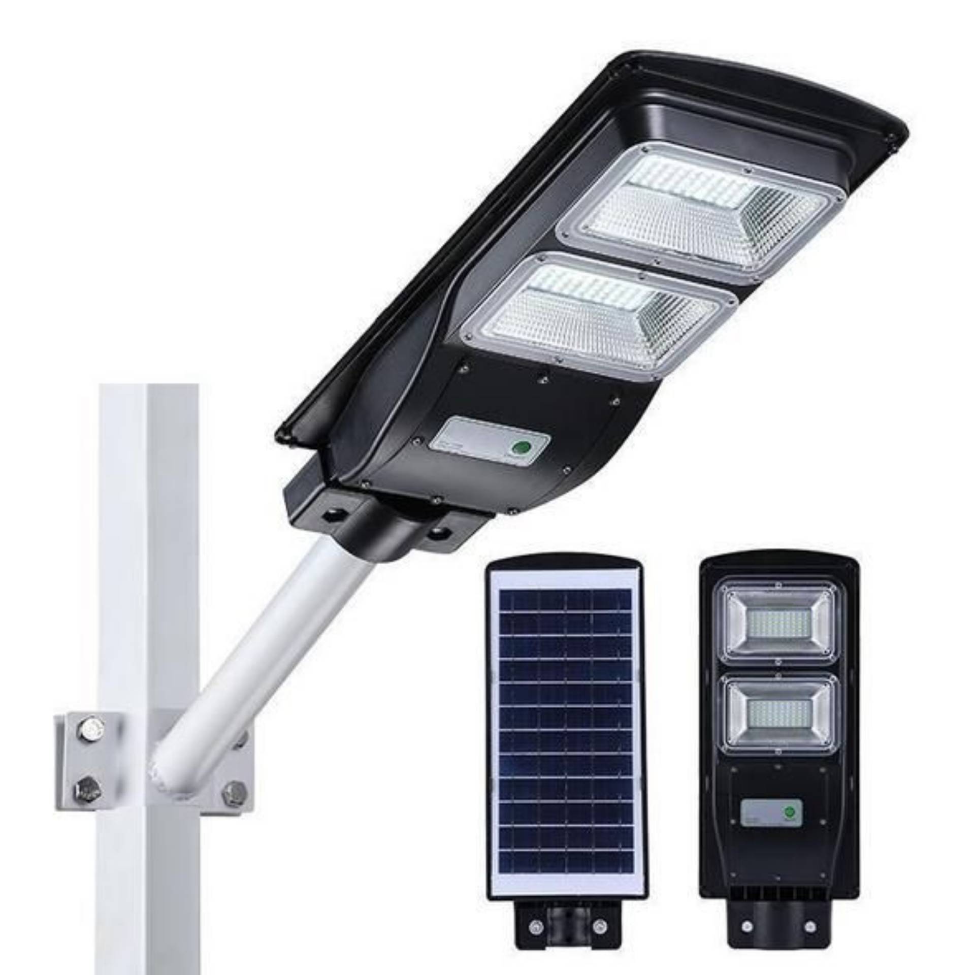 Lampadaire solaire LED extérieur mural sur mât – design tout-en-un noir avec panneau solaire intégré_0