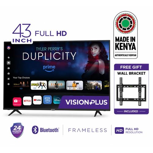 Vision Plus VP8843SW 43" Frameless FHD Smart TV – Netflix/YouTube/500+ Apps, Inbuilt Decoder DVB-T2/S2, Bluetooth, Dolby Audio + Free Wall Mount (2YRS WRTY)