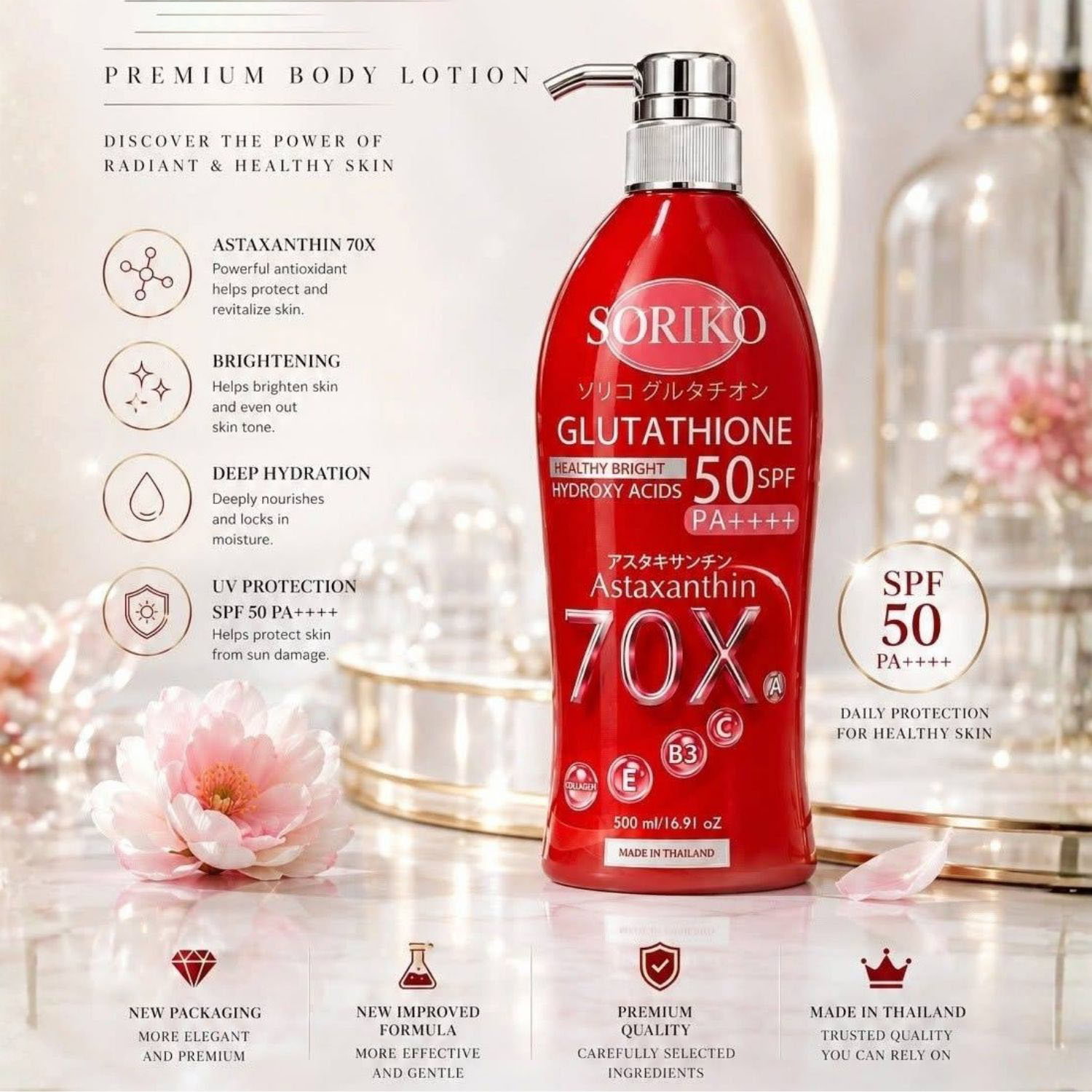 Soriko - Glutathione Astaxanthin 70X SPF 50 PA++++ UV Protection Lotion 500ml | Wholesale Bath & Body Care Singapore_2