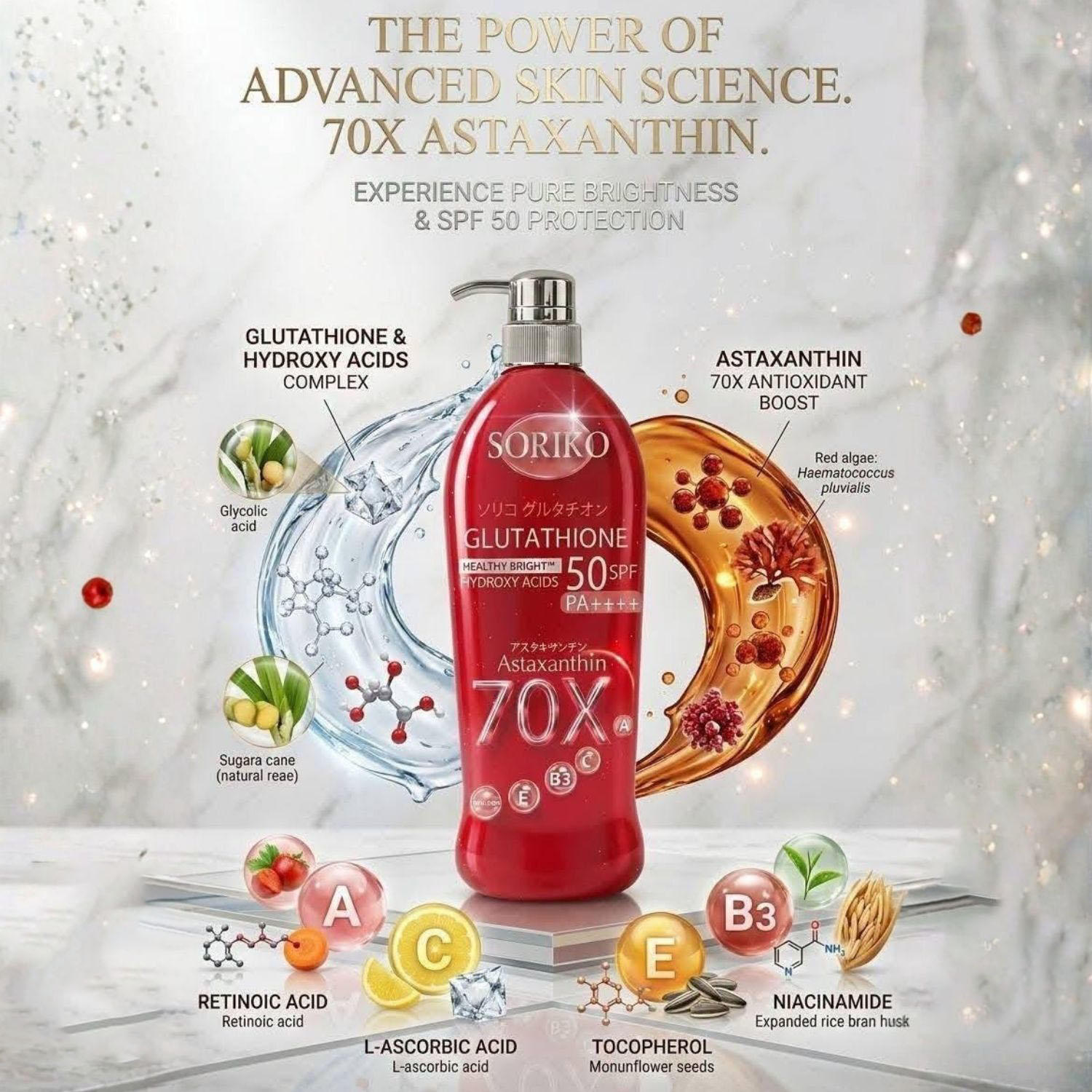 Soriko - Glutathione Astaxanthin 70X SPF 50 PA++++ UV Protection Lotion 500ml | Wholesale Bath & Body Care Singapore_1