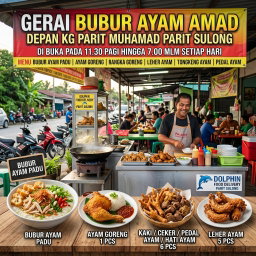 GERAI BUBUR AYAM AMAD DEPAN  KG PARIT MUHAMAD PARIT SULONG DI BUKA PADA 11.30PAGI HINGGA 7.00MLM SETIAP HARI