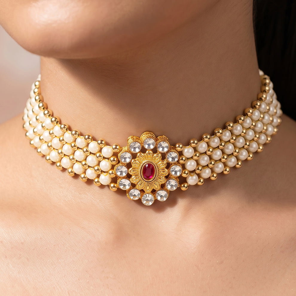 Anti-Tarnish Pearl Floral Choker | Necklace_6