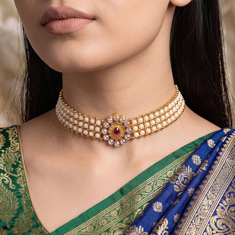 Anti-Tarnish Pearl Floral Choker | Necklace_5