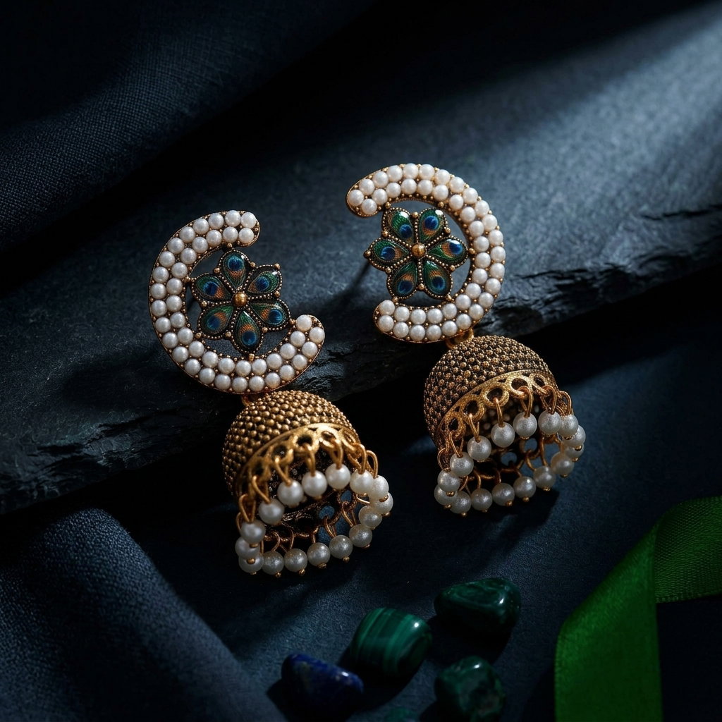  Anti-Tarnish Peacock Pearl Pair of Jhumkas | Earrings_0