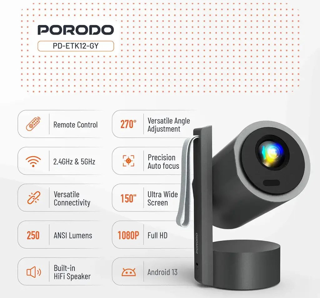 Porodo Full HD Smart Projector - Gray_1