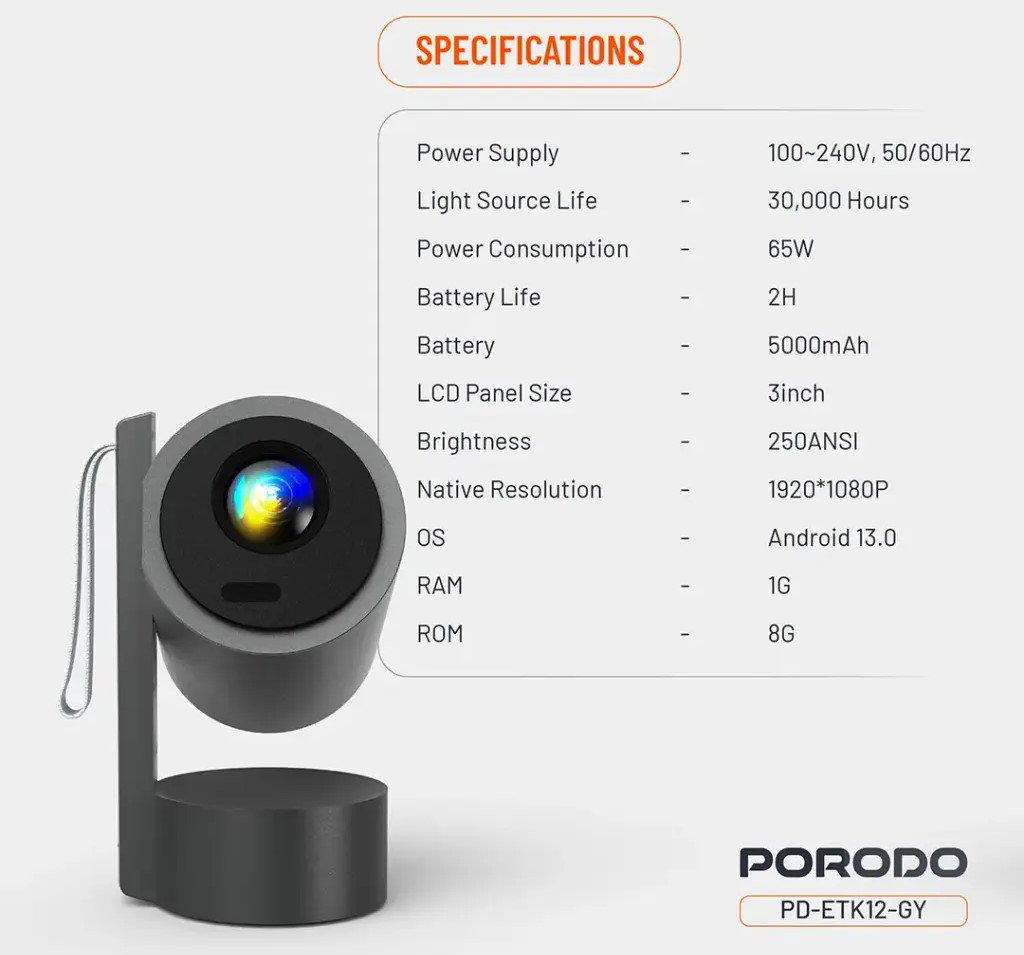 Porodo Full HD Smart Projector - Gray_2