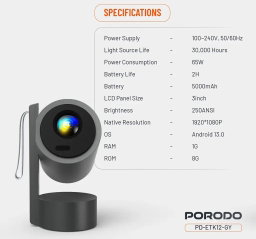 Porodo Full HD Smart Projector - Gray