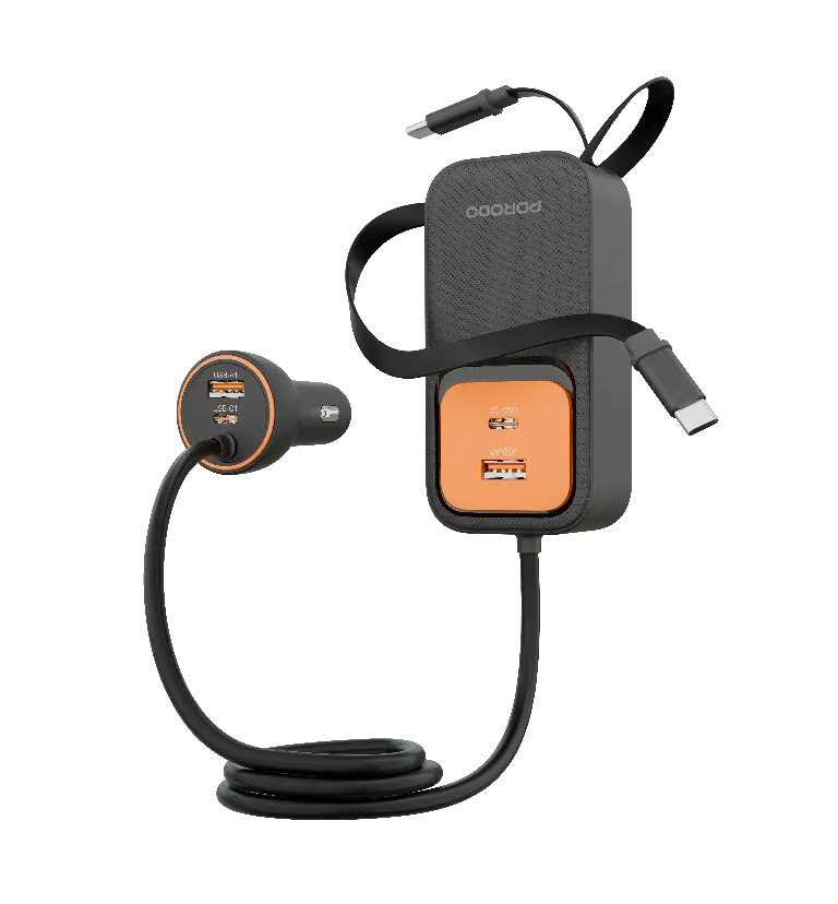 Porodo ENZO MULTI-PORT CAR CHARGER Dual 70cm Retractable Cables - Black_2