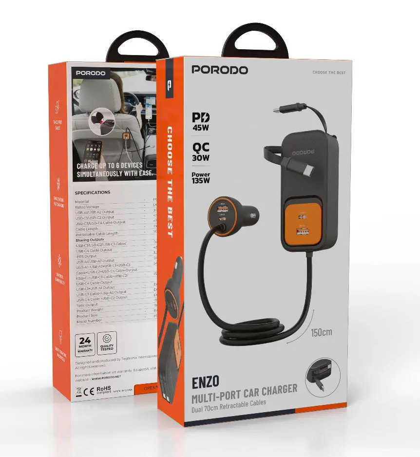 Porodo ENZO MULTI-PORT CAR CHARGER Dual 70cm Retractable Cables - Black_3