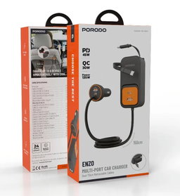 Porodo ENZO MULTI-PORT CAR CHARGER Dual 70cm Retractable Cables - Black