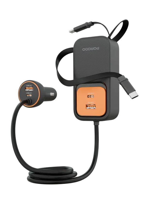 Porodo ENZO MULTI-PORT CAR CHARGER Dual 70cm Retractable Cables - Black
