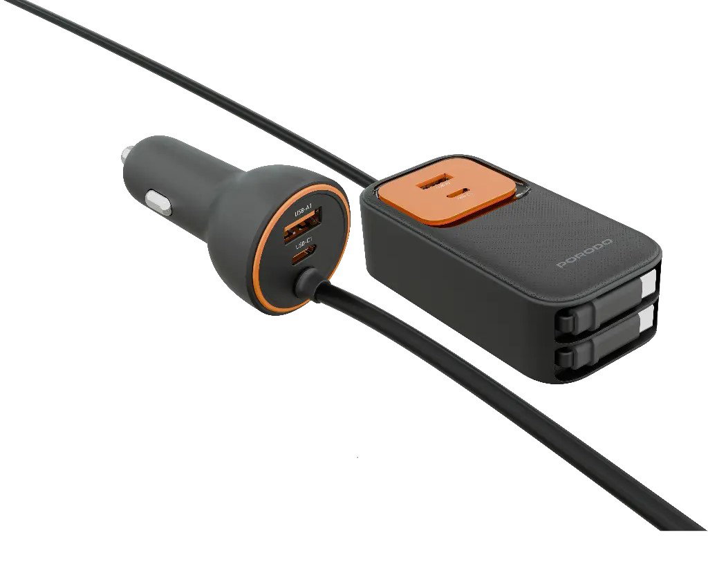 Porodo ENZO MULTI-PORT CAR CHARGER Dual 70cm Retractable Cables - Black_1