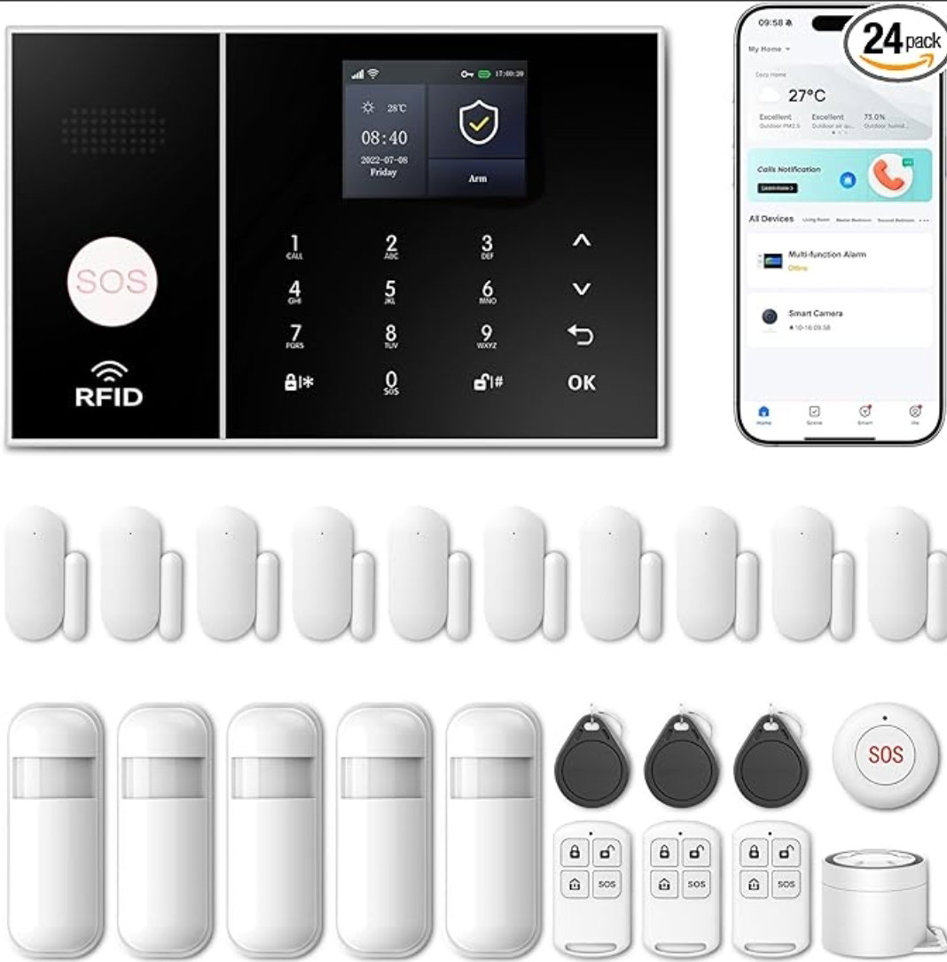 wireless Alarm System For Home Security, 24pcs Home Alarm system wireless kit, WiFi+GSM/4G with instant App Alerts No monthly Fees, SOS Button, App & Remote control, work with Alexa, for apartment