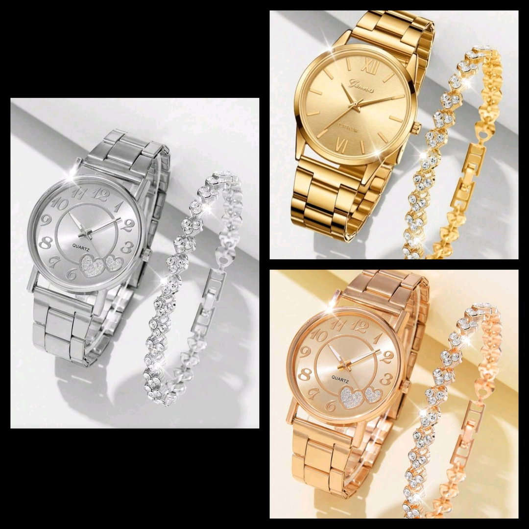 Ladies Heart Pattern Quartz Watch & Rhinestone Heart Bracelet Set – 2‑Piece Love Edition