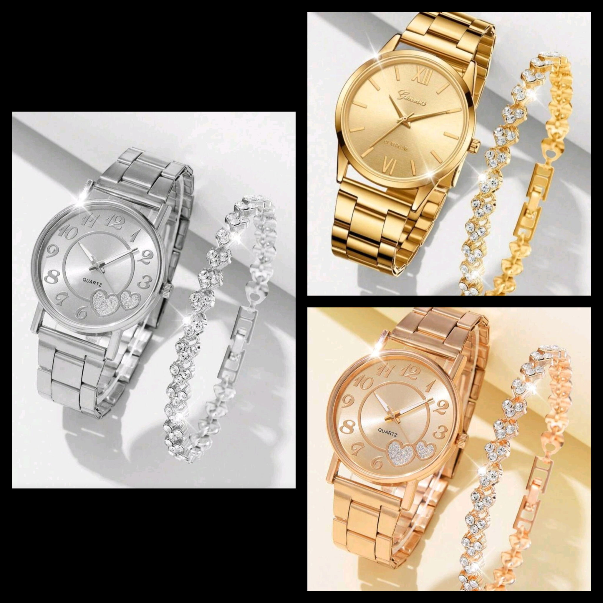 Ladies Heart Pattern Quartz Watch & Rhinestone Heart Bracelet Set – 2‑Piece Love Edition_0