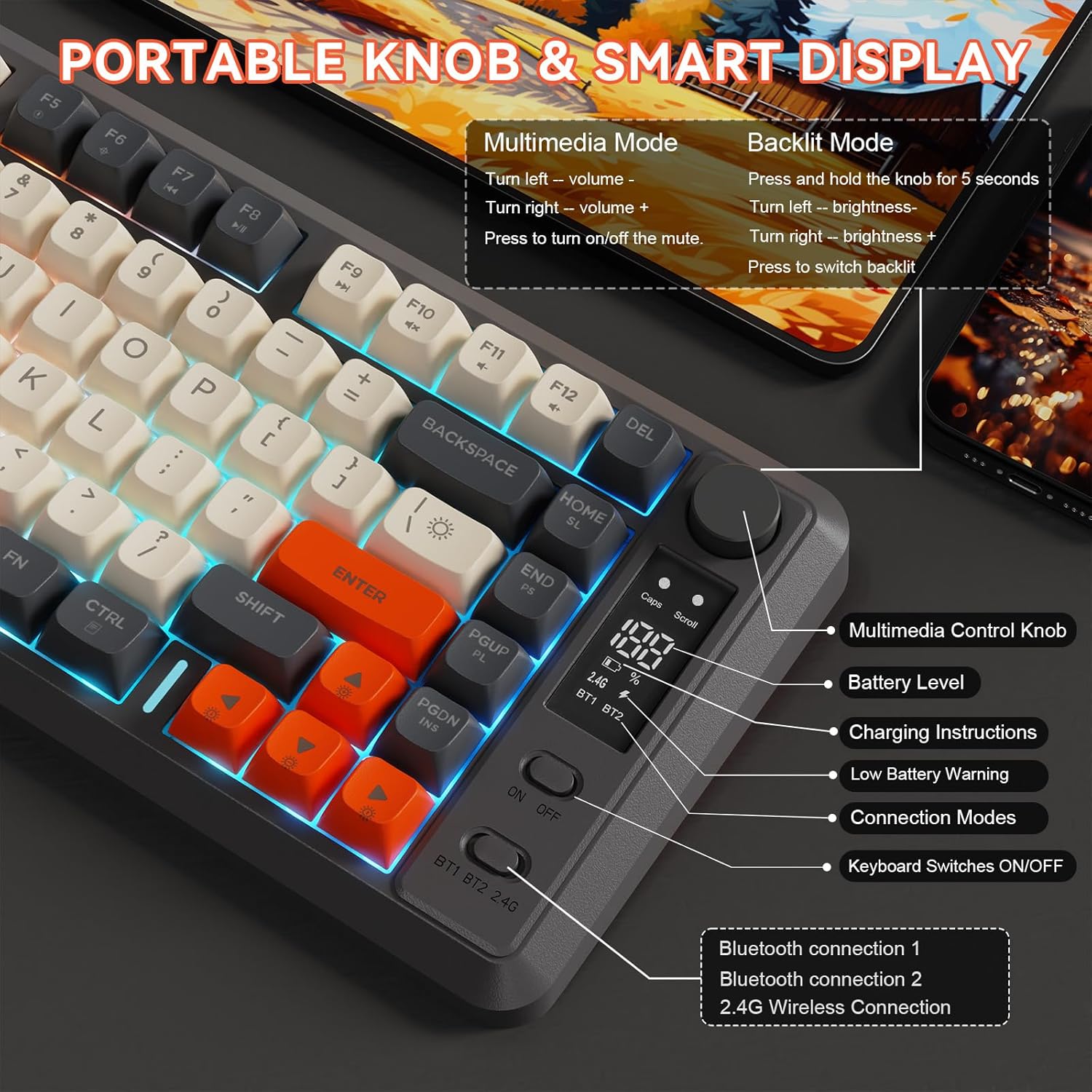 Teclado Gamer Sem Fio ZIYOU LANG M75, Retroiluminação RGB, Bateria Recarregável de 2000mAh, Teclado de Membrana Compacto com Sensação Mecânica, Display Inteligente e Botão Giratório, Teclas PBT com Gradiente para PC e MAC - Shimmer_3