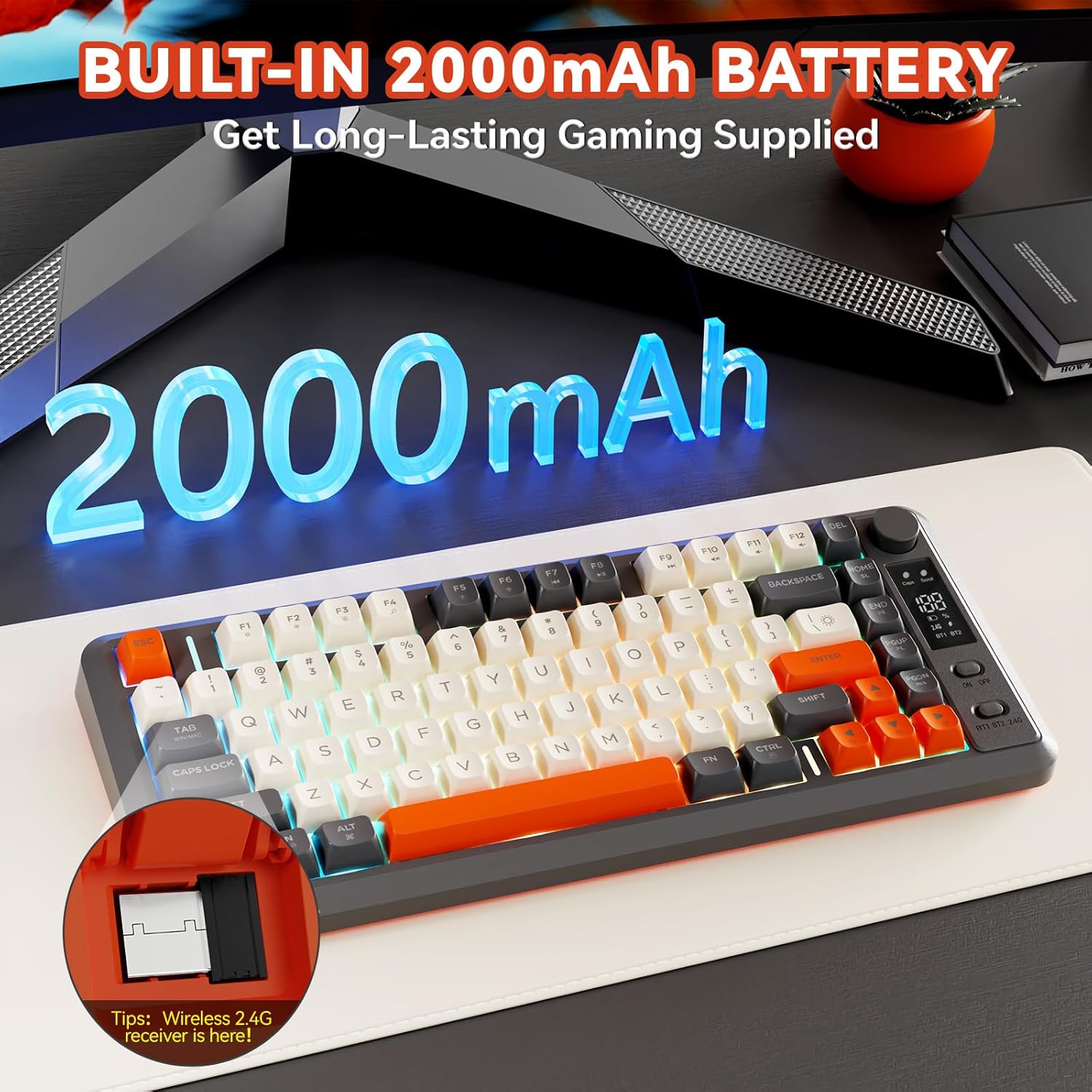 Teclado Gamer Sem Fio ZIYOU LANG M75, Retroiluminação RGB, Bateria Recarregável de 2000mAh, Teclado de Membrana Compacto com Sensação Mecânica, Display Inteligente e Botão Giratório, Teclas PBT com Gradiente para PC e MAC - Shimmer_1