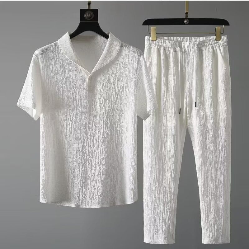 Men's Casual Ice Silk Linen Matching Set | Ultra-Thin Short-Sleeve Two-Piece Outfit_0