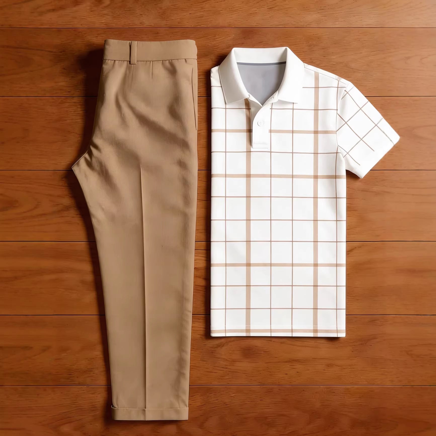 Men's Luxury 3D Checkered Polo & Shorts Set – Trendy Outdoor Casual White Button Suit_0