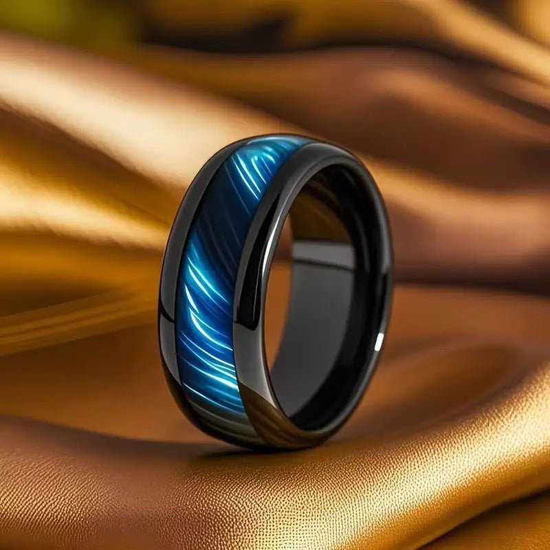 Men's Stainless Steel Blue Tiger's Eye Inlaid Ring | Punk Black & Blue Aurora Design Ring Jewelry_0
