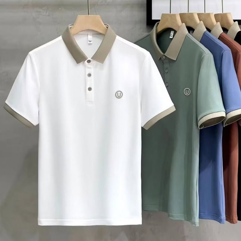 Men’s Summer Ice Silk Knitted Polo | Luxury Contrasting Half-Sleeve Smart-Casual Shirt_0