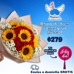 Ramo de tres rosas y un girasol
