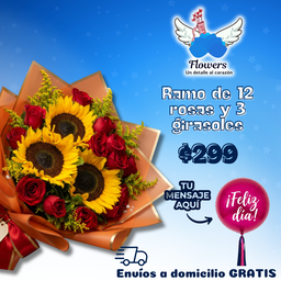 Ramo de 12 rosas y 3 girasoles