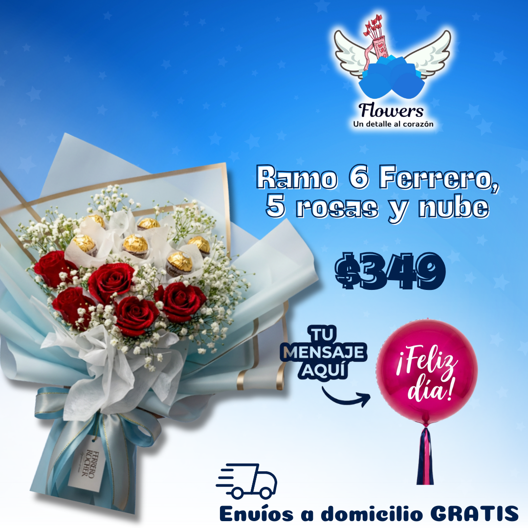 Ramo de 6 Ferrero, 5 rosas y nube