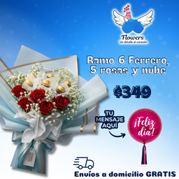 Ramo de 6 Ferrero, 5 rosas y nube