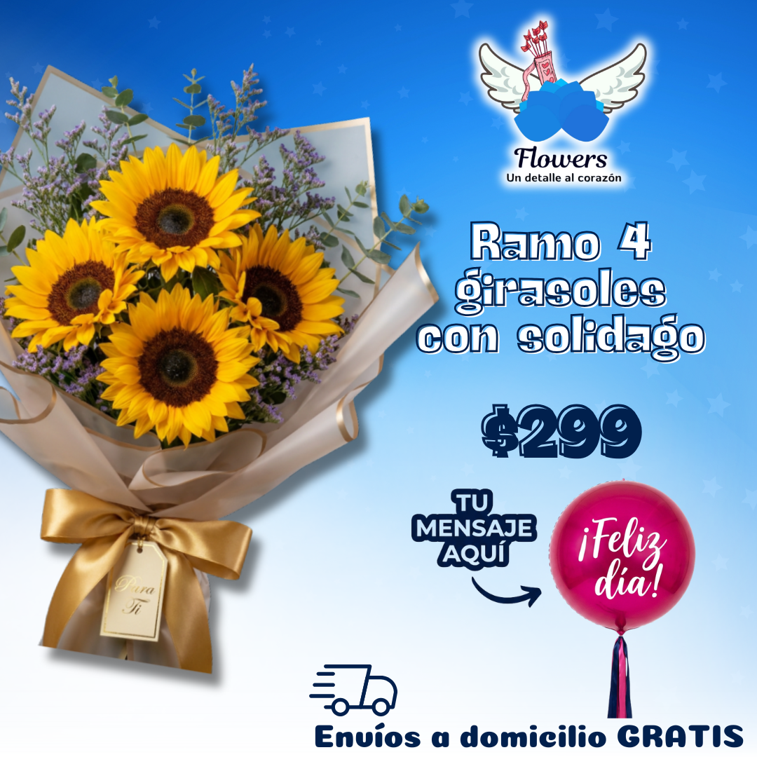 Ramo de 4 girasoles con solidago