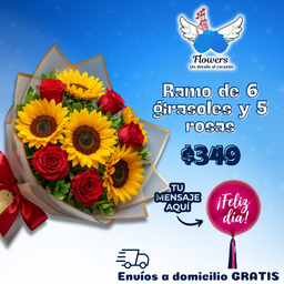 Ramo de 6 girasoles y 5 rosas